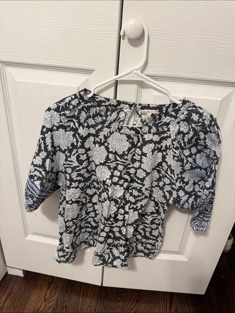 Anthropologie Black and White Floral Puff-Sleeve Blouse